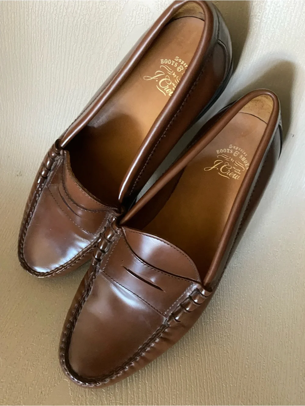 J.Crew superior boots & shoes brown patent leather penny loafers flex soles 10